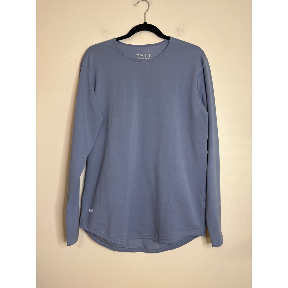 BYLT Premium Basics Mens Drop Cut L/S Lux Shirt Slate Blue Size M Curved Hem